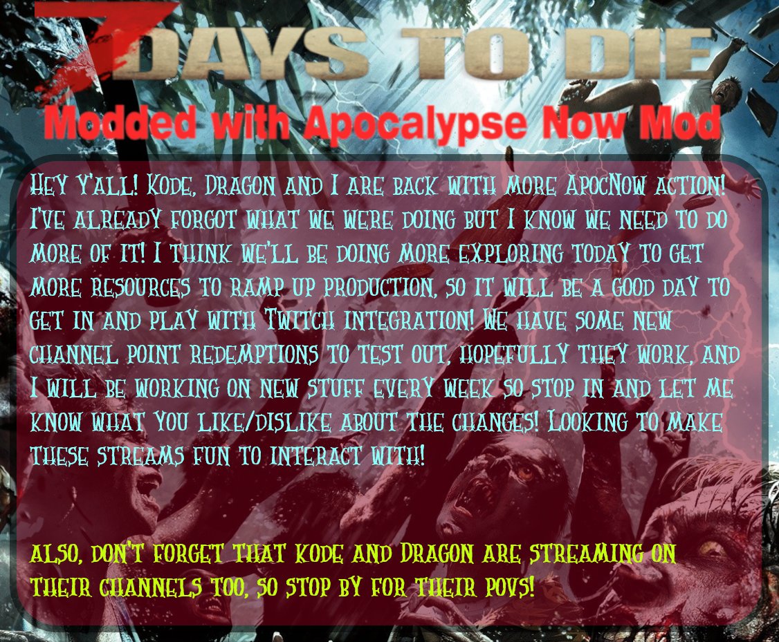 dyne322's tweet photo. #7daystodie #SmallStreamersConnect #SupportSmallStreamers 

Going live by 8pm EDT!

Twitch Integration changes - https://t.co/wmH6ZLpvHf

https://t.co/qW0PHQ10VJ (Integration on this channel)
https://t.co/xz5RVAdez9
https://t.co/kYdyvIc07j (Kode)

@OwlRetweets
@OwlShare https://t.co/vZUY0r9z6h