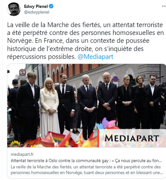 CWeillRaynal's tweet photo. Allo Edwy Plenel, vous êtes au courant que l'attentat contre des gays à Oslo a été commis par un islamiste, pas par des militants "d'extrême-droite" ? Manifestement, chez vous la falsification de l'info est un réflexe bien ancré...🫤 https://t.co/fLfqS8ufxd