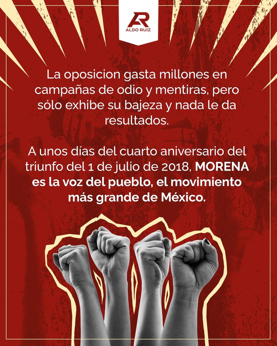AldoRuizAgs4T's tweet photo. Estamos a cuatro días de celebrar el triunfo histórico del pueblo en 2018. @PartidoMorenaMx en menos de 5 años gobernará 20 estados de la República.
#CuartaTransformación #Junio2018 https://t.co/ZYtbjLluQ4