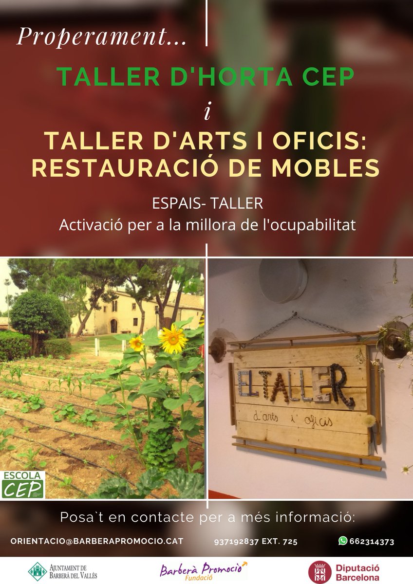 Aquest dijous 30 de juny tens una cita amb l'#EscolaCEP! 🔊

Xerrada informativa per presentar els nous espais-taller per l'activació per a la millora de l'ocupabilitat que oferiran pròximament:

- Taller d'Horta CEP🌾
- Taller d'Arts i Oficis: Restauració de mobles🔨

T'esperem!
