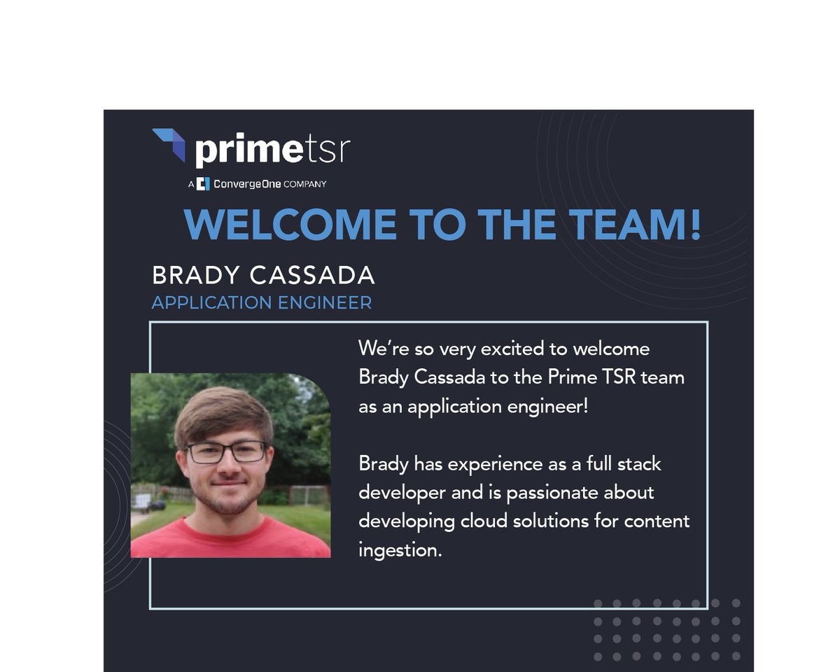 Prime_TSR's tweet photo. Our team of tech experts is growing, and we'd like to welcome Brady Cassada as an application engineer!
We're excited to see what fresh solutions Brady is able to build for our clients, and the impact he'll make.
#workatprimetsr #cloud #solutions #hiring https://t.co/dl6Upvdxlp