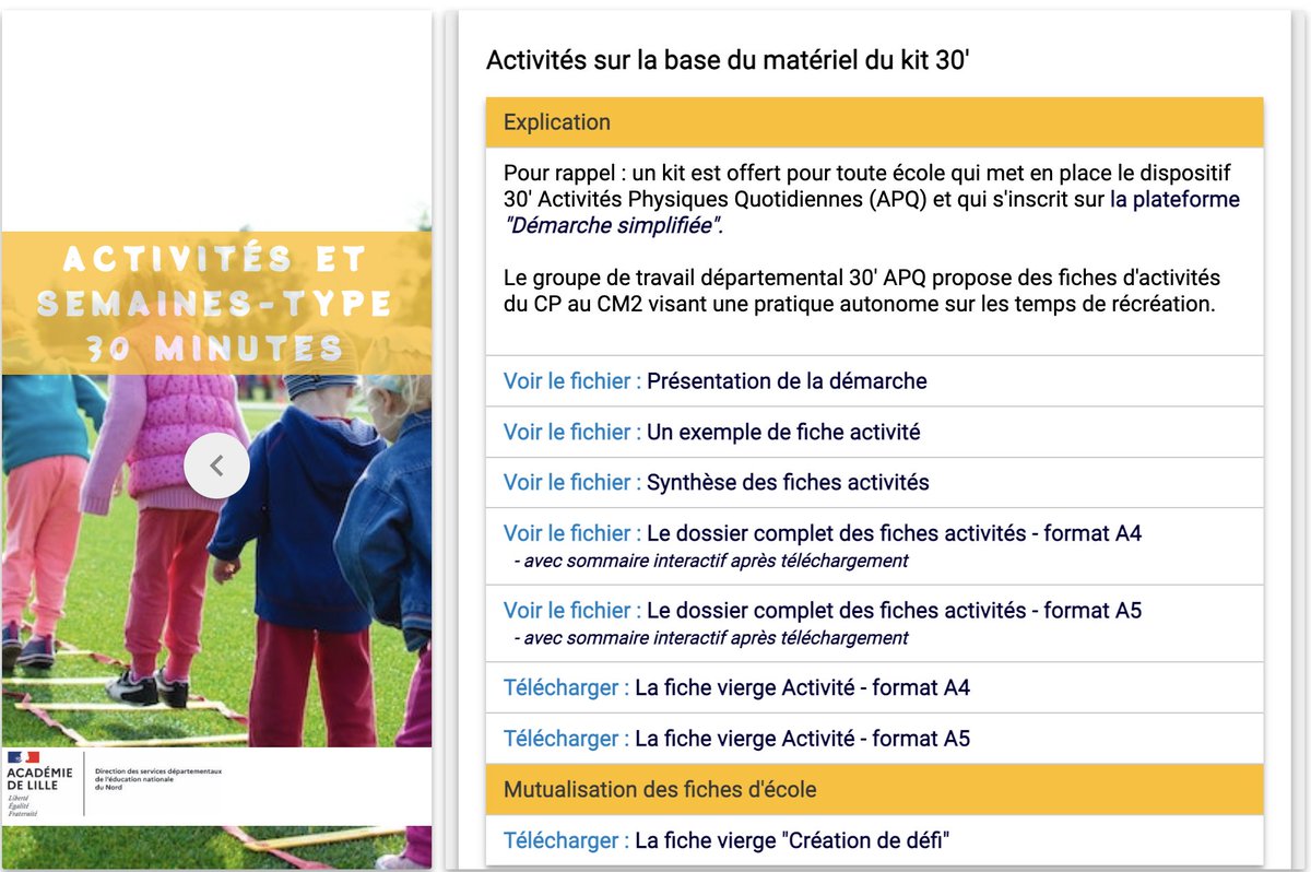 30 MINUTES D'ACTIVITÉ PHYSIQUE QUOTIDIENNE
📌Activités sur la base du matériel du kit 30'
Le groupe de travail départemental 30' APQ de la DSDEN du Nord propose des fiches d'activités du CP au CM2 visant une pratique autonome sur les temps de récréation.
pedagogie-nord.ac-lille.fr/docuweb/eps-30…