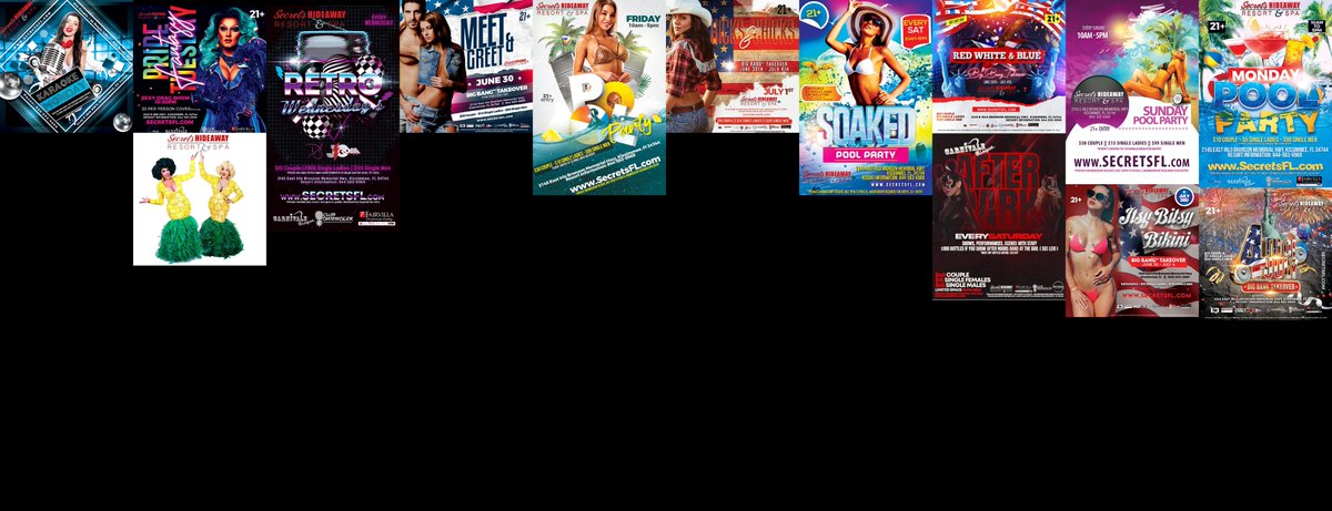 This Week at Secrets Hideaway™: Karaoke Monday, Pride Tuesday, Retro Wednesday, Meet & Greet Newbie Thursd, Friday Pool Party, Hicks & Chicks, Saturday Pool Party, Red, White & Blue, After Dark in Club Swinkster, Sunday Pool Party, Itsy Bitsy Bikini, Independence Day