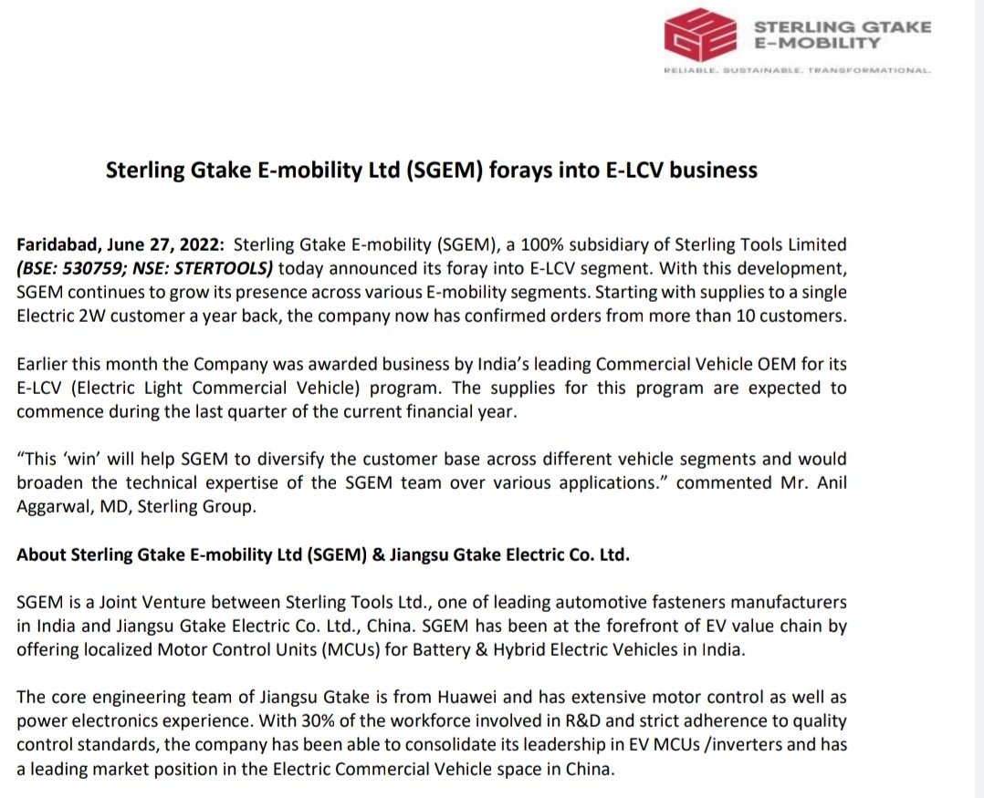 #SterlingTools - Sterling Gtake E-mobility Ltd (SGEM) forays into E-LCV business.