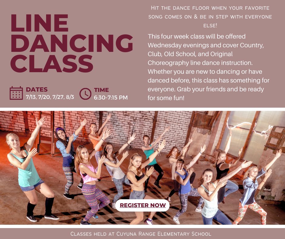 Join us for a fun session of Country, Club, Old School, and Original Choreography line dance instruction. Space is limited &amp; registration will close on Friday, July 8th or sooner if the class fills up. So don't wait, register today! ci.k12.mn.us/page/community…