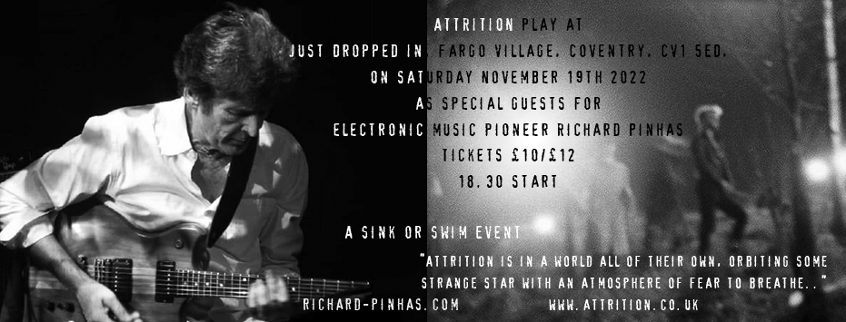 attritionuk's tweet photo. ATTRITION play at Just Dropped In, Fargo Village, Coventry, CV1 5ED, On Saturday Nov 19th 2022
#attrition #coventry #justdroppedin #sinkorswim #richardpinhas #darkwave https://t.co/kpi1Req1F8