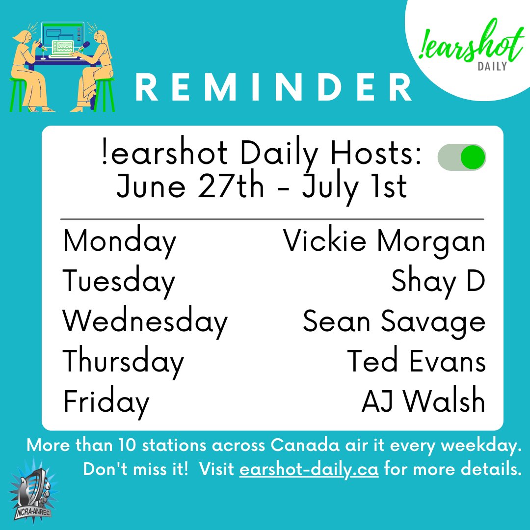 Look forward to hearing some amazing songs from artists like <a href="/alanthomasdoyle/">Alan Doyle</a>, <a href="/rosebrokenshire/">Rose Brokenshire</a>, <a href="/Melotikamusic/">Mel Yelle</a>, <a href="/CeliaPalli/">Celia Palli</a>, <a href="/LisaAFroment/">Lisa Froment</a>, <a href="/jessy_lanza/">Jessy Lanza</a>, <a href="/themixsessions/">Sean Savage</a> &amp; more being played this week on daily.ncra.ca/?page_id=40 #earshotdistro #earshotdaily #radio #canadianartist