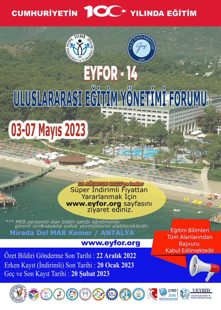 eyuder's tweet photo. Türkiye'nin en büyük ve geniş katılımlı kongresi EYFOR bu sene Gazi Üniversitesi işbirliği ile Antalya Kemer Mira Del Mar Otelde yapılacaktır.
İndirimli fiyatlar ile sunulan odalar sınırlı sayıda olup, lütfen geç kalmayın.
👇
https://t.co/Nck9mKiWnv

@Gazi_Universite @ademcilek https://t.co/8NH2ZVF15s