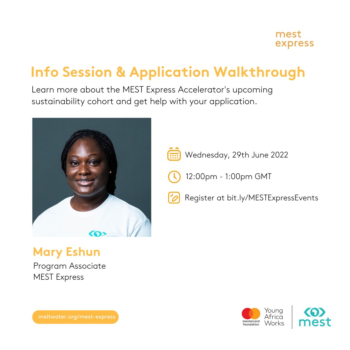 MESTAfrica's tweet photo. Want to learn more about the #MESTExpress Accelerator and our upcoming cohort focused on #sustainability that offers $5000 in grant funding? Join us this week Wednesday for our program info session and application walkthrough.
Sign up at https://t.co/frYxW1tpZ6
See you there! https://t.co/boAdFc4b9s