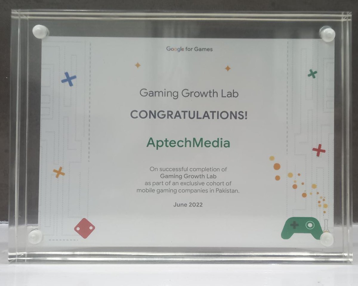 AptechMedia's tweet photo. Thank You @Google for your efforts to uplift Pakistan's game development Industry. @Aptechmedia team was super excited and we learned a lot in #googlegrowthlab
Thank you for the certificate of Completion of Google Growth Lab. 
#thinkgamespk #thinkgames #Gamesdevelopment #Gamesdev https://t.co/wjEA0wO7pN