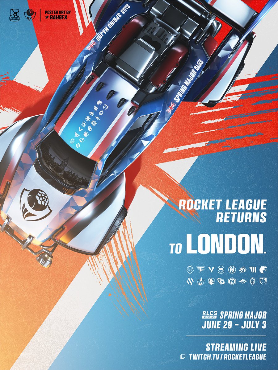 RAHgfx's tweet photo. I'm back on my 🐴 

2x RLCS 2022 - 🇬🇧LONDON POSTERS showcasing custom decal work I started learning a few weeks ago. It's been YEARS since I've done posters but I'm hoping my growth shows in this one.

Hi-res downloads ready to print here:
https://t.co/bUCKZzM386

RT + ♥️ https://t.co/wjQeRzIUxM