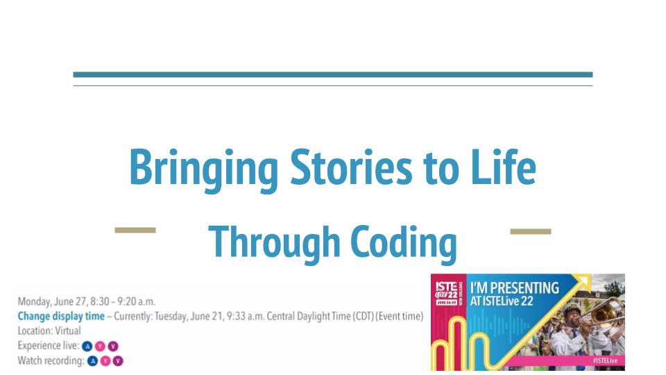 pcteachershs's tweet photo. #NotAtISTE #NotatISTE22 missed my presentation Bringing Stories to Life Through Coding? Here are the resources https://t.co/ALnujRpNeS #RUCSReady #NJCSReady #NJCodes @CSTANewJersey @cs4nj #ISTELive22 #ISTELive https://t.co/3MxoffGgZV