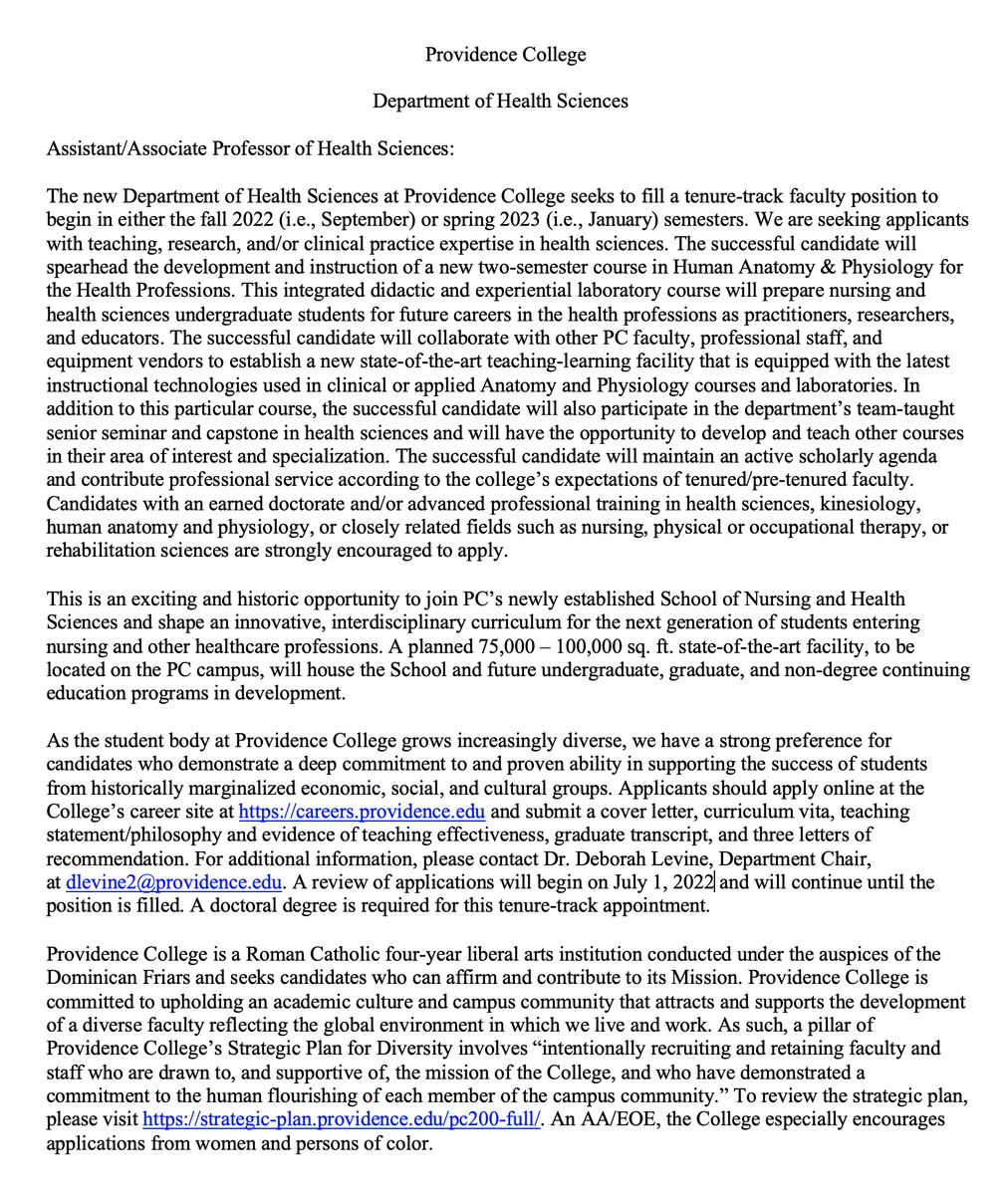 Super thrilled to finally be able to announce this! The Department of HPM at Providence College is becoming the Department of Health Sciences, and we are adding a Health Sciences degree to our offerings beginning in Fall of 2023. Come join us! careers.providence.edu/postings/7036