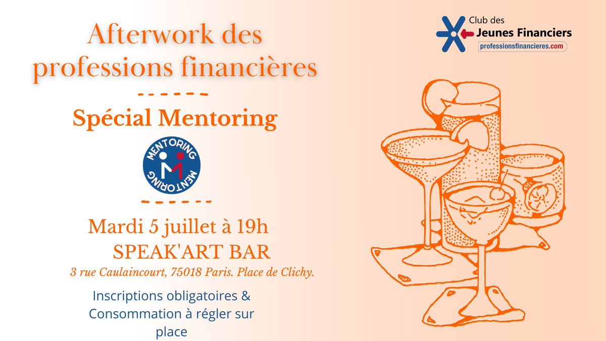 ☀️Sun feeling rime avec Networking 🤝 ce 5 juillet au Club ! Partagez un #afterwork à l’hôtel <a href="/Mercure_FR/">Mercure Hôtels FR</a> et découvrez le <a href="/Centre_Prof_Fin/">Centre des Professions Financières</a> ainsi que le nouveau programme de #mentoring 🗣Présentation à 19h30 précis. Inscrivez vous vite 👉 jeunesfinanciers.com/index.php?page…