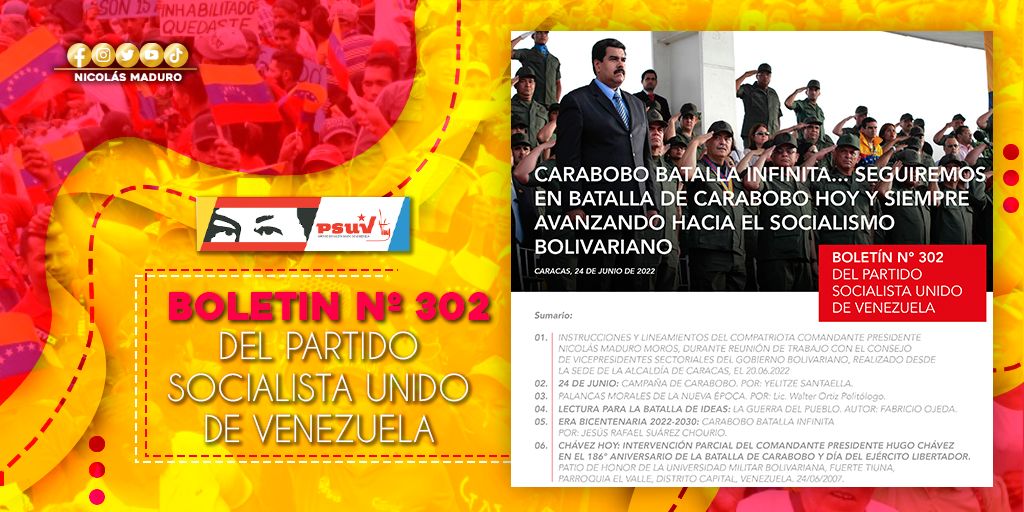 NicolasMaduro's tweet photo. Los invito al análisis del Boletín N° 302 del @PartidoPSUV, que recoge el espíritu bolivariano a 201 años de victoria en la Batalla de Carabobo, y nos muestra los retos que tenemos para seguir transitando hacia el Socialismo del siglo XXI. Descarga ==>> https://t.co/8wAsHfeH8s https://t.co/XgZPy5ZxQd