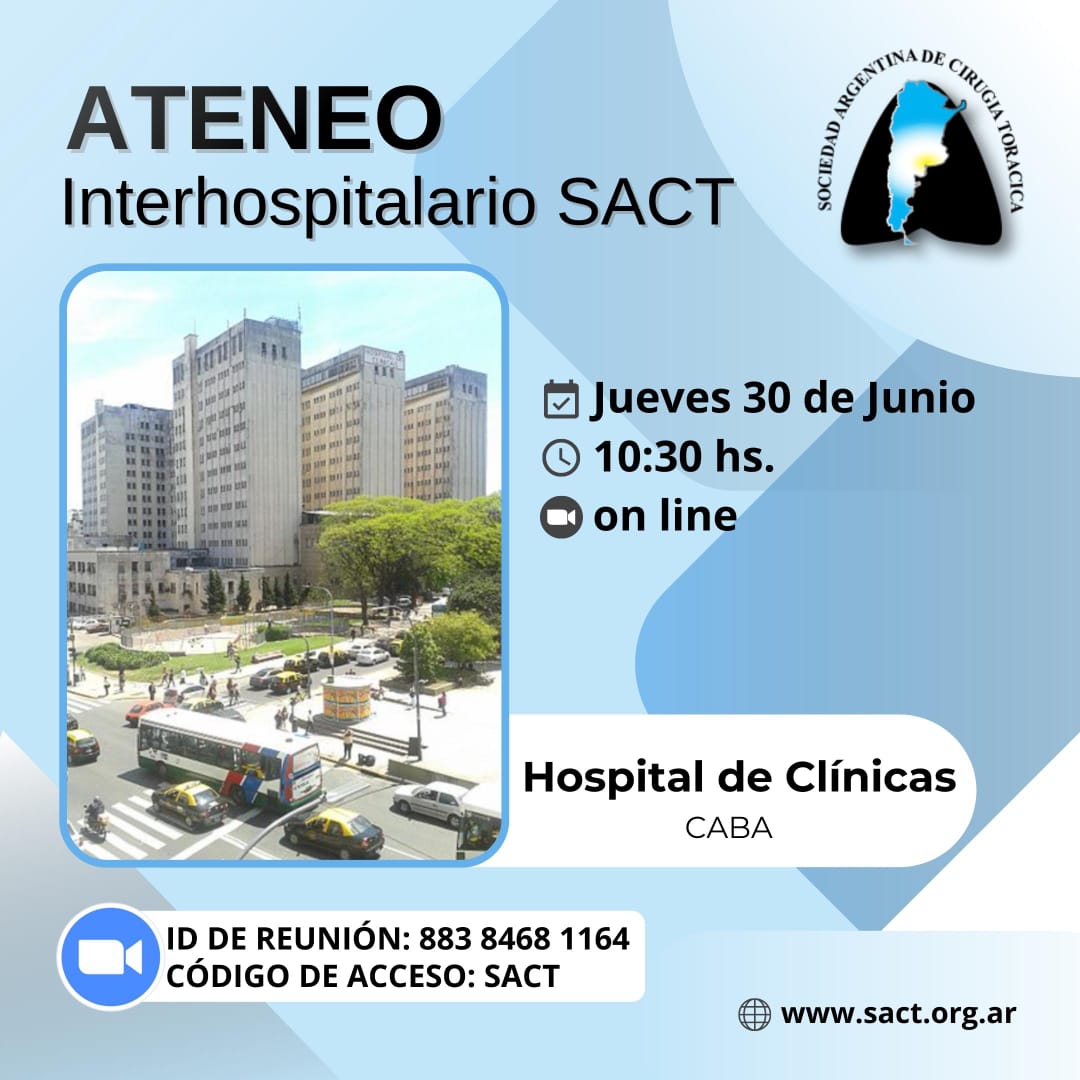 SToracica's tweet photo. 👨🏻‍🏫Ateneo Interhospitalario SACT
📅 30 de Junio de 2022
🕥 10:30 hs
🎥 Zoom
🏨 Hospital de Clínicas (CABA) https://t.co/aHaR6oE13Z