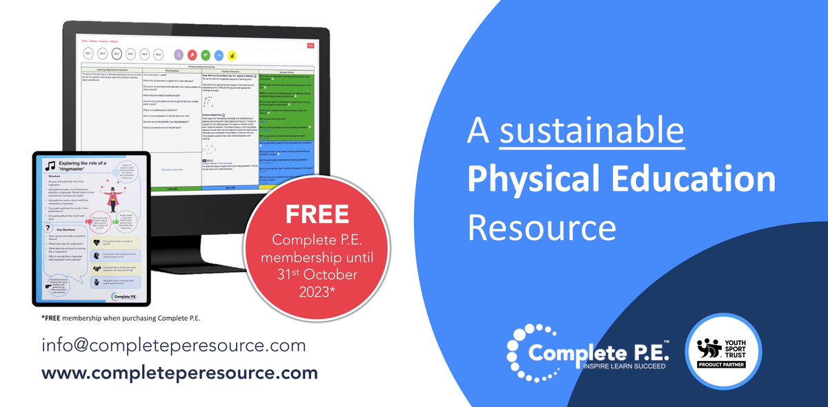 Complete_PE's tweet photo. ⬇️A Sustainable Physical Education Resource⬇️

Your school can have 🆓 access to Complete PE until the end of the academic year, enabling you to decide if our Scheme of Work is the right fit for both your pupils and teachers.

Go to 👉 https://t.co/oYFUwpfWoq to request a trial. https://t.co/9tYlHbeiqb