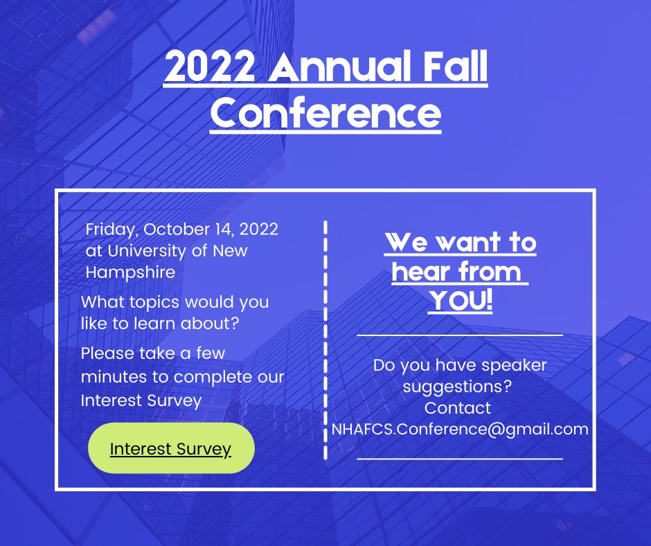 Fall Conference Tailored to you! 
What are your interests and feedback to make this years conference just what you need. 
Please take part in our short, 8 questions interest questionnaire. 
surveymonkey.com/r/MH8J6NZ