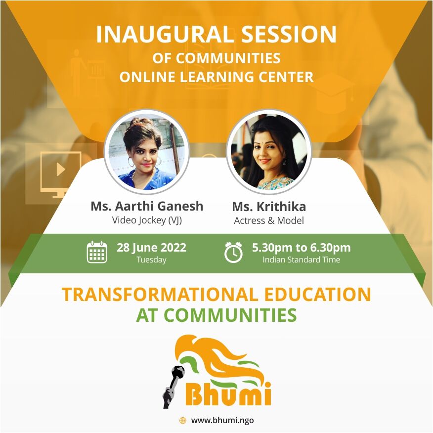 BhumiOrg's tweet photo. Inaugural Session of Communities Online Learning Center
Honourable Guests
Ms. Aarthi Ganesh, Video Jockey (VJ)
Ms. Krithika, Actress &amp; Model
28th June 2022 Tuesday
05.30pm to 6.30pm IST

Transformational Education at Communities 
#bhumi #changetoday #changetomorrow #collaboration https://t.co/BhI4a93pUM