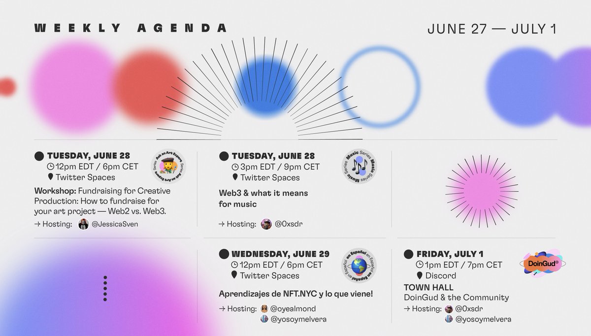 DoinGudHQ's tweet photo. Good Morning ☀️Happy Monday ✨
Here is our Weekly Event Calendar for you to interact and connect with the DoinGud community 🗓
Lets #StartDoinGud 😇 https://t.co/EVdKMJdsPg