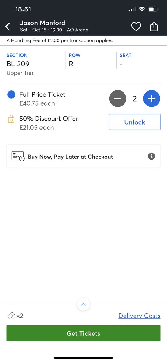 EllieBatt's tweet photo. @TicketmasterCS Jason Manford - 15th Oct In Manchester. As you can see it says there is a 50% discount offer - I just can’t seem to find the code on the website. Is there a way this can be shared please? As it’s still active. Thanks! https://t.co/KPLlN9GDlA