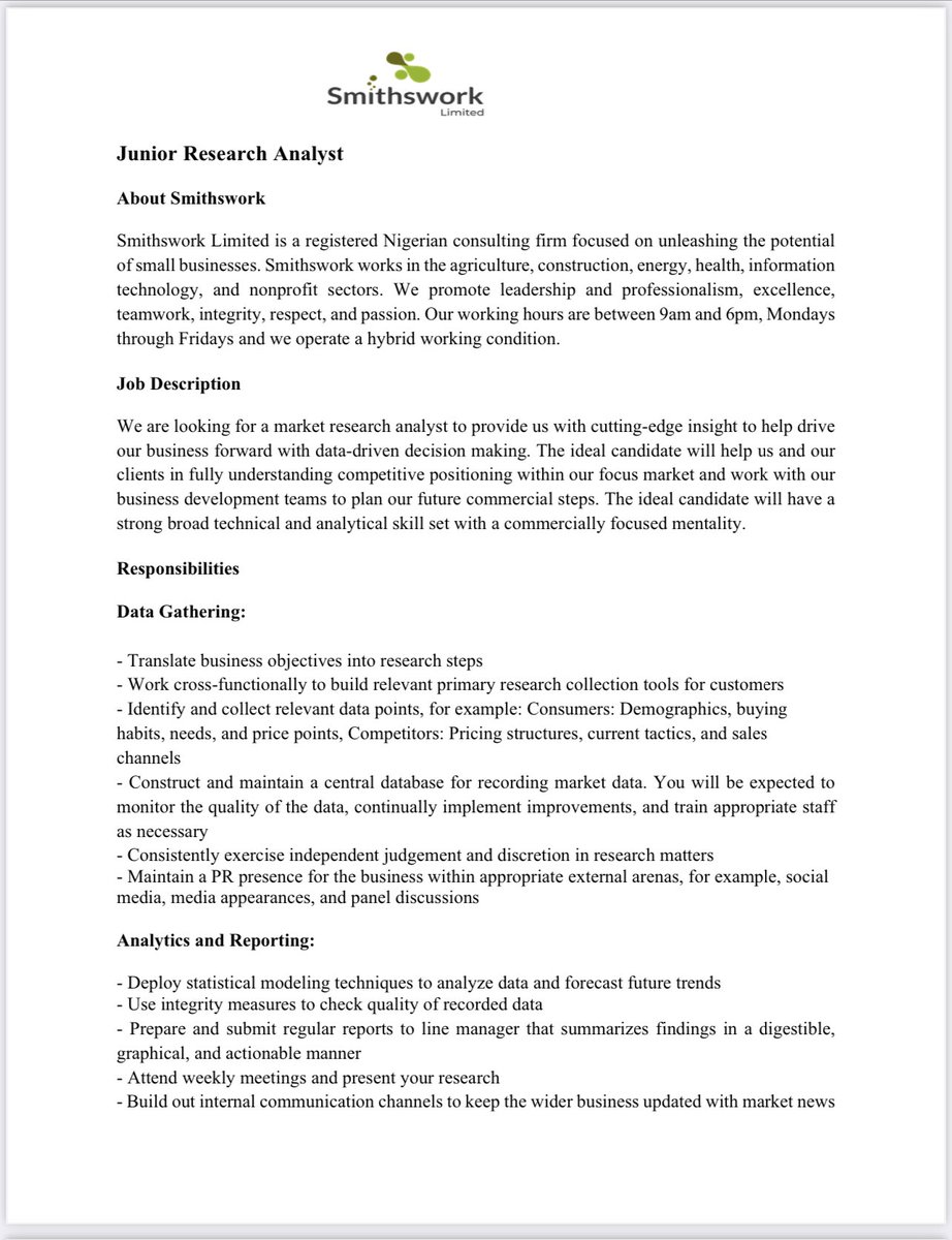CaptJamyl's tweet photo. Job job job, if you don’t qualify, tag who qualifies. 
Someone might need this. Remember no SHORT-HAND write ur sentences in full. “I cnt b dfendin u alwys 🤣🤣🤣 as ur refree…”

Junior Research Analyst &amp; Junior Business Analyst send application to info@smithsworkltd.com https://t.co/480el9LNMF
