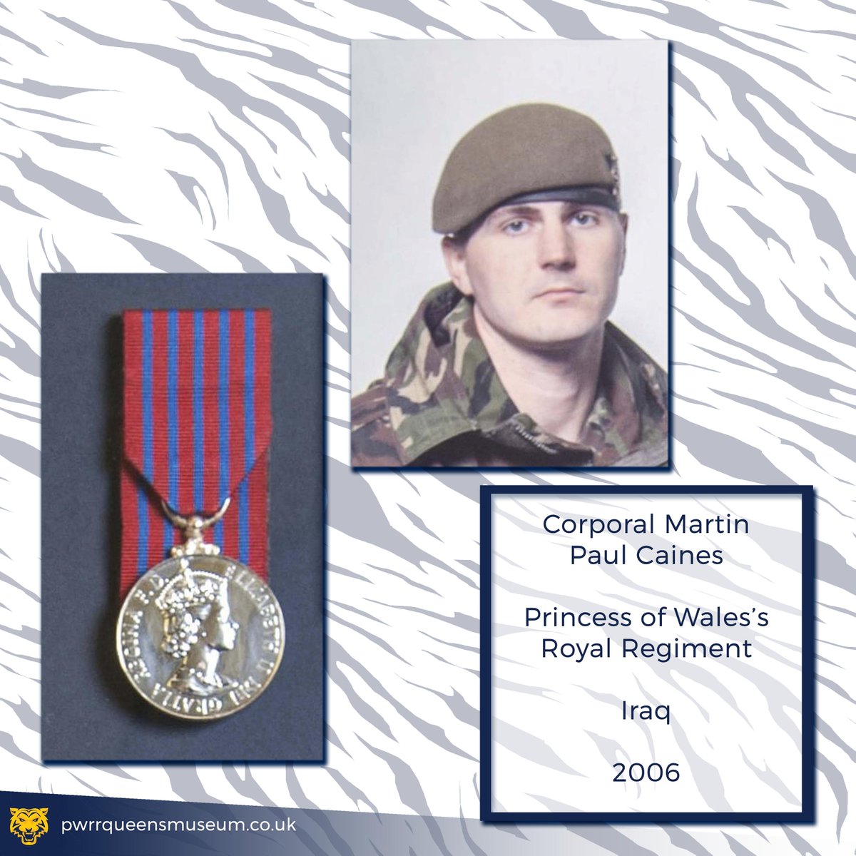 When serving in Iraq, Cpl Caines was involved in a standoff after his colleagues in the Iraqi Army started getting anxious about food and water supplies. Caines challenged a gunman with his weapon lowered, and diffused the situation. He was awarded a George Medal for his actions.