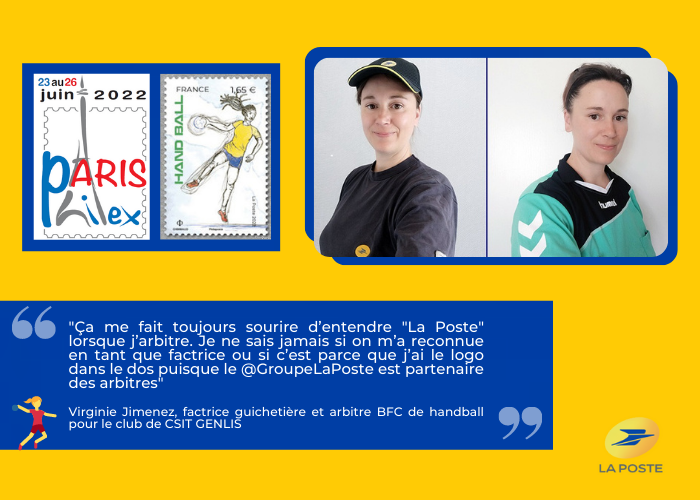 LPNews_BFC's tweet photo. Virginie, #arbitre et #factrice guichetière à #LaPoste, était présente au salon #Philex pour le dévoilement du carnet de #timbres #sport.
👉 Elle arbitre aussi des rencontres #HandEnsemble @ffhandball 🤾
#TousArbitres https://t.co/f1e2Ti0079