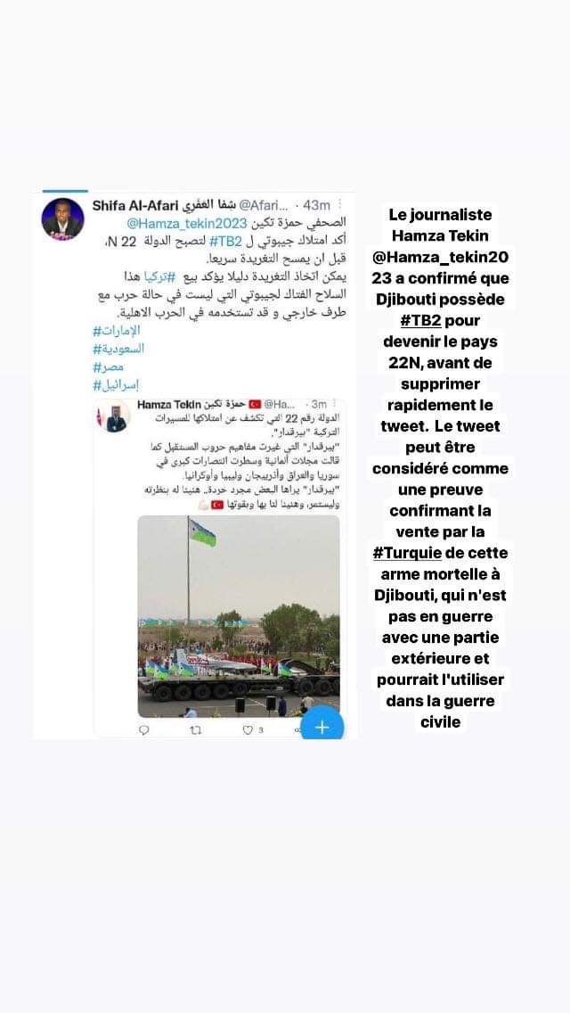 lahadda88's tweet photo. Journalist @Hamza_tekin2023 confirmed that Djibouti owns #TB2 to become the country 22N, b4 quickly deleting z tweet. z tweet can be taken as evidence confirming #Turkey's sale of this deadly weapon to Djibouti,which is not at war with an external party&amp; may use it in z civil war https://t.co/woJIIoPQ5c