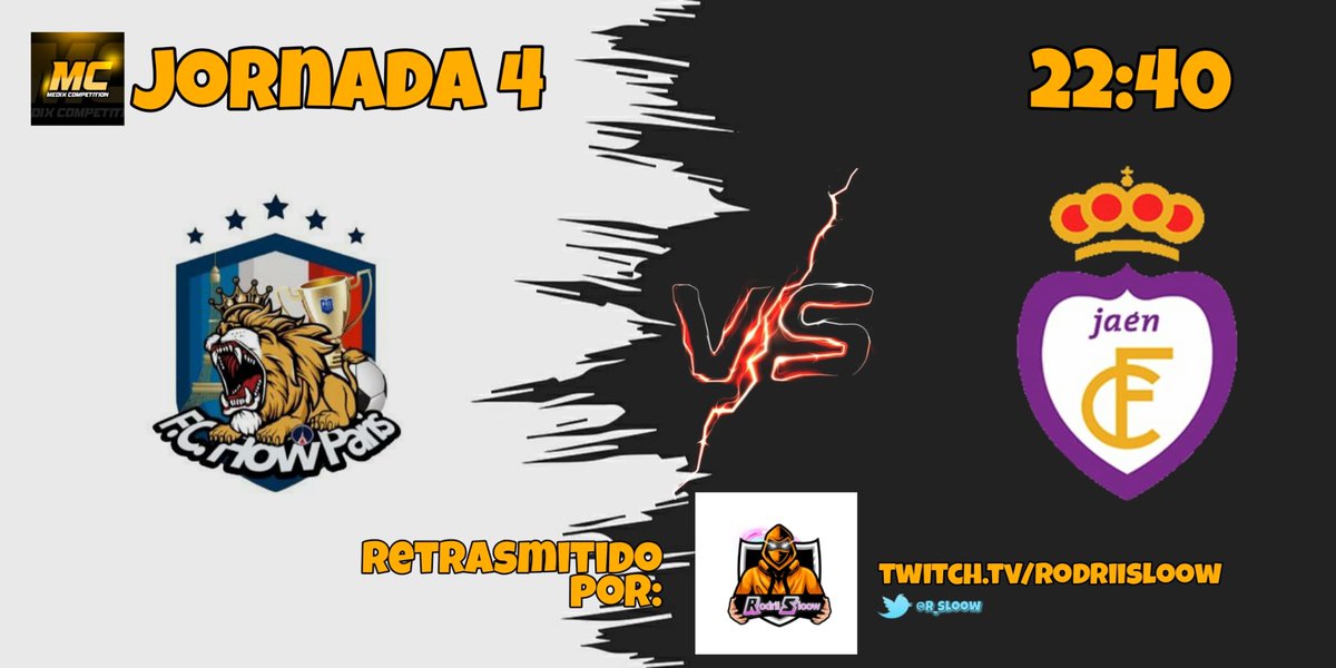 ⚠️ Hoy el partido en la competicion de @mdxcompetition
🏟️ <a href="/FLOWPARIS2022/">F.C. FLOW PARIS</a>  vs. <a href="/RealjaenFifa22/">RealJaén Clubes Pro</a> 
🎙️ Será casteado por <a href="/r_sloow/">F/A RodriiSloow🎮</a> en su canal de Twitch 
⌚ Inicio para la previa 22:30

twitch.tv/rodriisloow