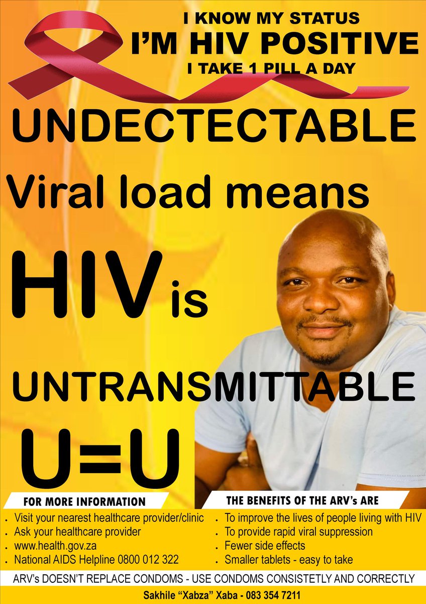 CivilKzn's tweet photo. @SakhileXaba U=U KZN ambassador. Take 1 pill a day and have your viral load suppressed within 1 months. Promoting treatment adherence. 
@HealthZA @SA_AIDSCOUNCIL @kzngov https://t.co/2JwotAmoJ2