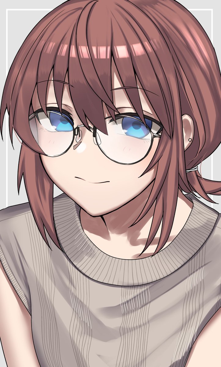 1girl solo blue eyes glasses looking at viewer smile brown hair  illustration images
