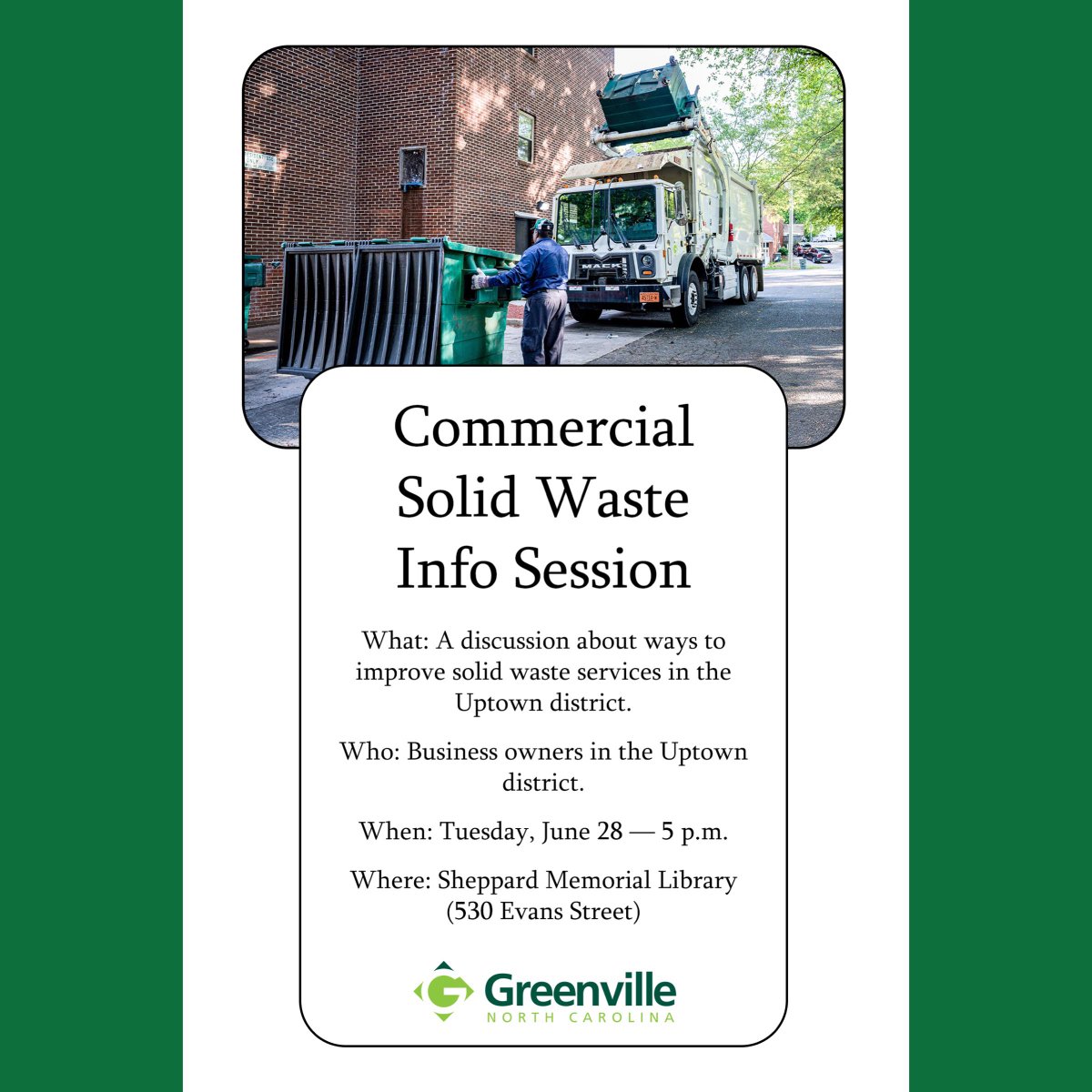There will be a Commercial Solid Waste Info Session to discuss ways to improve solid waste services in the Uptown District on Tuesday, June 28 at 5 pm at SML! 💚