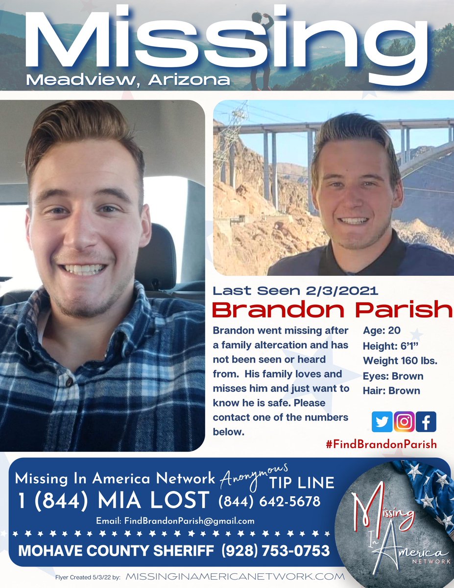 missingNamerica's tweet photo. #BrandonParish ๐จ MISSING ๐จ #BOLO ๐ Meadview, Arizona since 2/3/21
#MissingPosterMonday #FindBrandonParish
#MissingInAmericaNetwork ๐บ๐ธ #MissingInArizona
@NevermindLis @GurlGeekInFL @Peanut_Gallery3 @Yvette45184087 @New_JP_Here @miracle4missing @TrueCrimeSister @thelastshow https://t.co/NJUrMT9s2Y