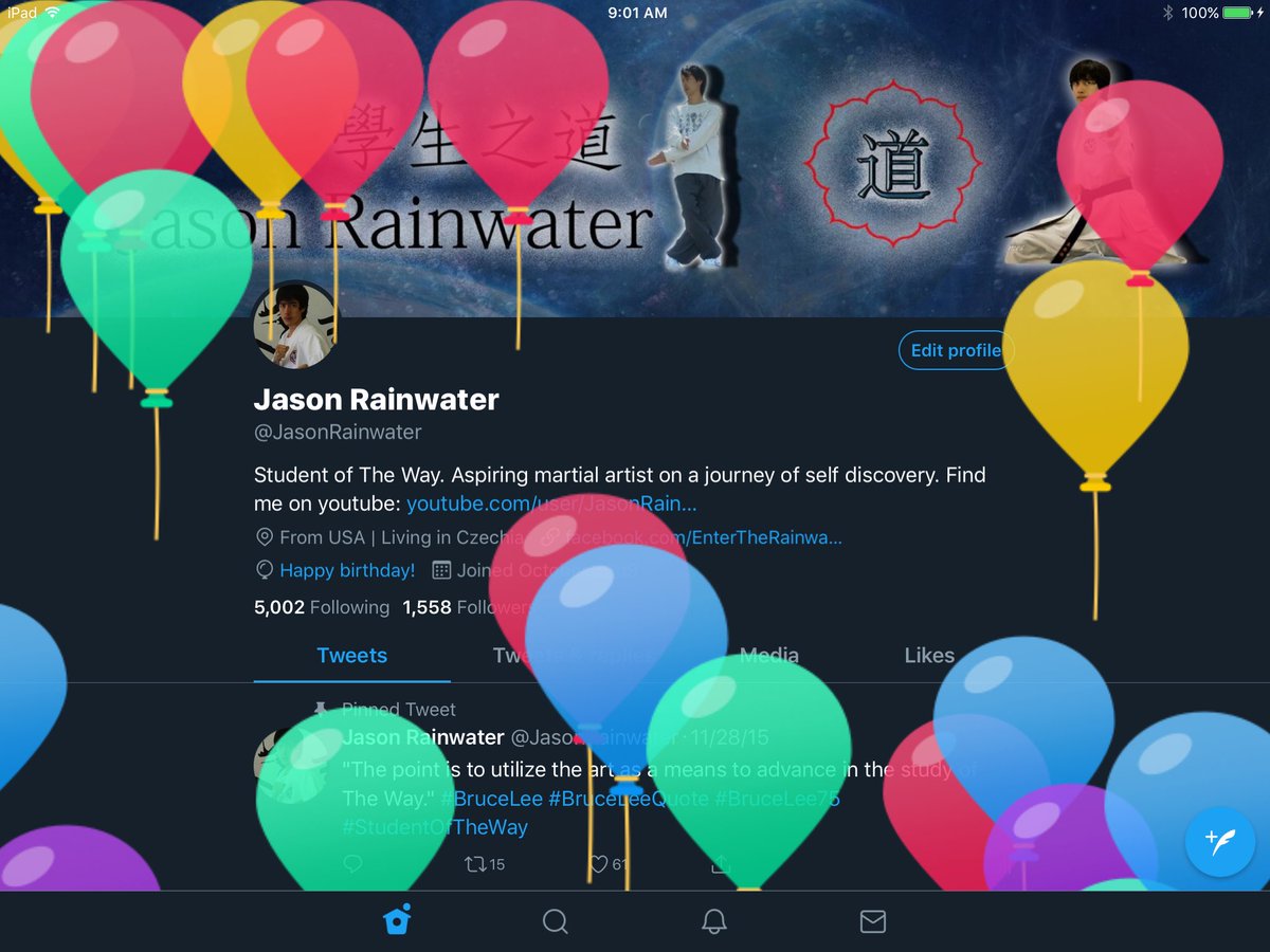 JasonRainwater's tweet photo. Thank you for the #HappyBirthday wishes, Twitter! Cool surprise when I opened the app. There's a birthday button if I want more balloons. And you can pop them! It's the little things ^_^ #June27 #JasonRainwater #StudentOfTheWay #EnterTheRainwater 🌧🥋🎂🎉 https://t.co/Se7QgPBS5H