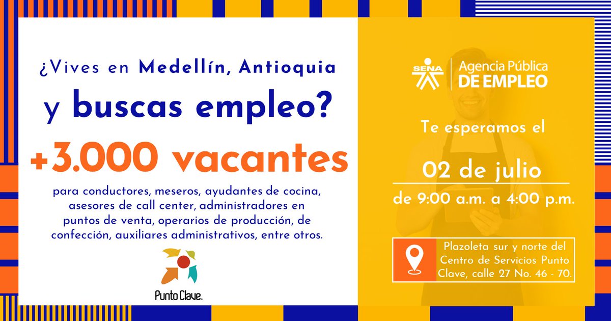 SENAComunica's tweet image. Aprovecha las más de 3.000 vacantes disponibles en Medellín para diferentes perfiles y sectores. 🇨🇴💼¡Participa en nuestra feria #SENAEsEmpleo!

📅 2 de julio de 2022    
⏰ 9:00 a.m. a 4:00 p.m.  
👉 Plazoleta sur y norte del Centro de Servicios Punto Clave
Calle 27 No. 46 - 70