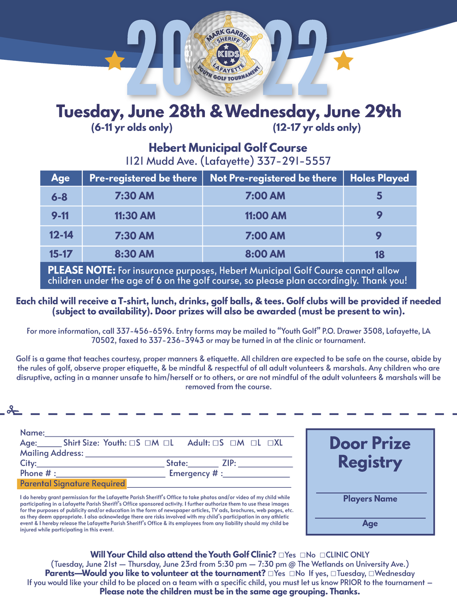 ⛳ The 2022 Sheriff Mark Garber Youth Golf Tournament starts TOMORROW! Read the registration form carefully for dates &amp; times for each age group. (Keep an eye on our FB page for updates)

Thank you to all who came out to the golf clinic last week to get some practice in!