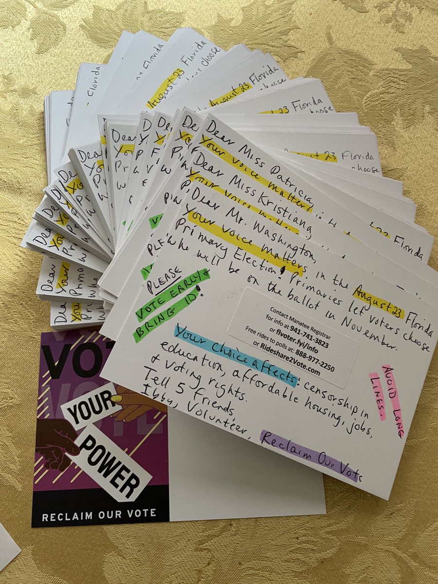 ibbyl's tweet photo. 120 #PostcardsToVoters ready to go out to Florida Dems in early August urging them to vote in the 8/23 primary and reminding them to Vote Early and to #BringID! #ReclaimOurVote https://t.co/MOsBO7xAvx