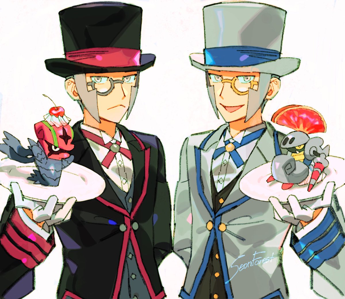 ingo (pokemon) hat 2boys multiple boys gloves male focus monocle brothers  illustration images