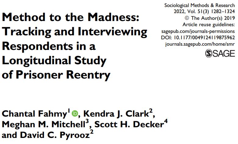 ChantalFahmy's tweet photo. our paper--out in 2019--on the #LoneStarProject's method to #tracking and #interviewing respondents #longitudinally after #prisonreentry JUST got an issue # in Sociological Methods &amp; Research! #SMR

@kendrajclark @meghanmmitchell @DeckerCrime @dpyrooz 

https://t.co/d8nld2py9H https://t.co/a4MpKY1uI8