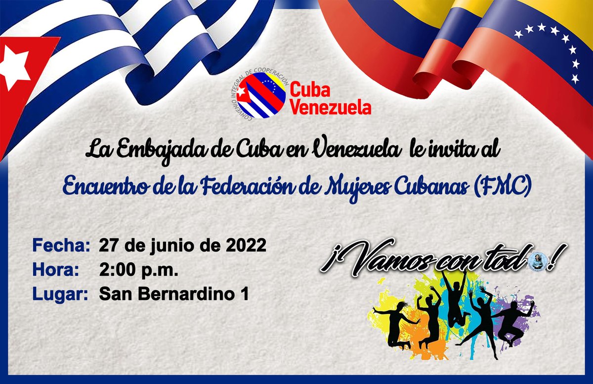La Embajada de #Cuba en #Venezuela y la Oficina de Atención a las Misiones Sociales Cubanas convocan a "Encuentro virtual con la Federación de Mujeres Cubanas". 
Hoy #27Junio, 2:00 p.m. en San Bernardino 1; de forma virtual para los 24 estados.

#CubaPorLaVida #CubaCoopera #Cuba
