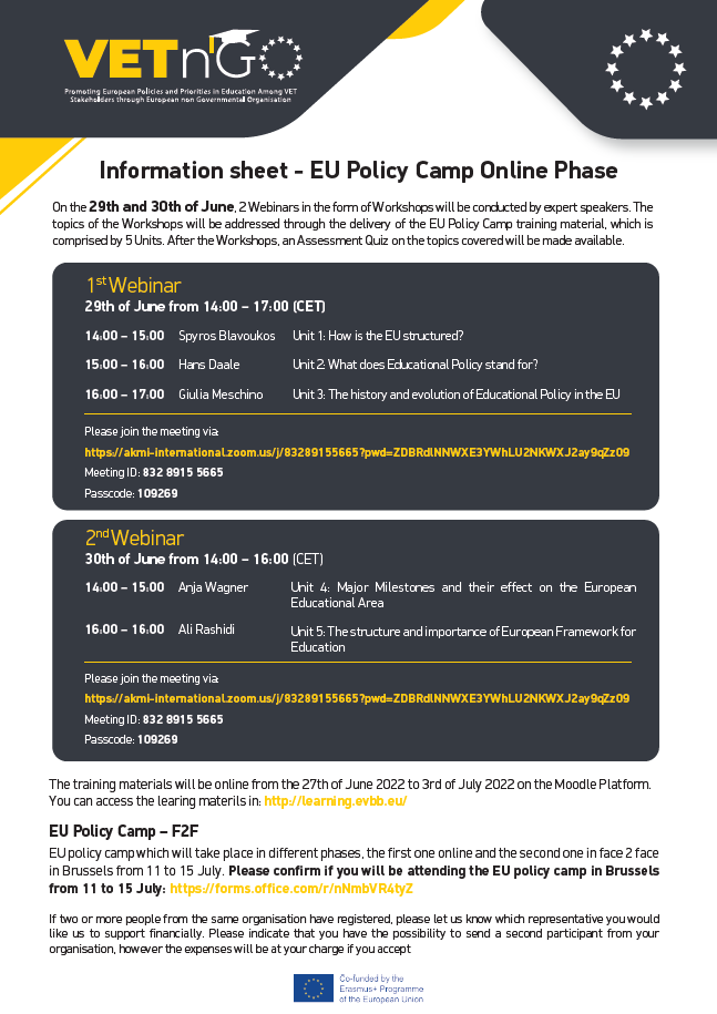 evbb_eu's tweet photo. ๐ฃ INVITATION - #EVBB Members, Partners & #VETExperts around Europe and abroad:
you are ALL invited to join us at our #online โ#EUPolicyCampโ sessions on 29 & 30 June!
โฉAgenda and links to join here: https://t.co/XxI2lfSeQ7
#vetngo #EUVocationalSkills #EUVocationalExcellence https://t.co/GukUp6RQKt