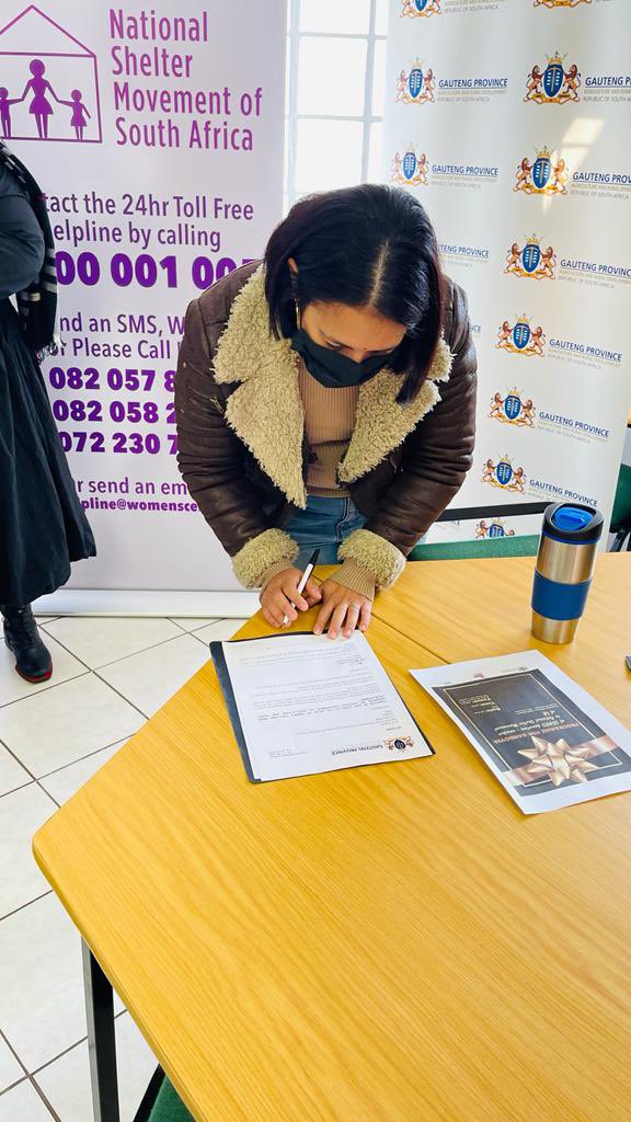 OfficialGDARD's tweet photo. Advocate S. Moleshe together with Ms Abimbola Olowa handing over the R20k Voucher to Ms. Melanie Padiachy, Assistant Coordinator at the National Shelter Movement of South Africa Office in Lenasia on behalf of the HoD for GDARD today. #GrowingGautengTogether #GDARDCares https://t.co/1PRSBzRDFr