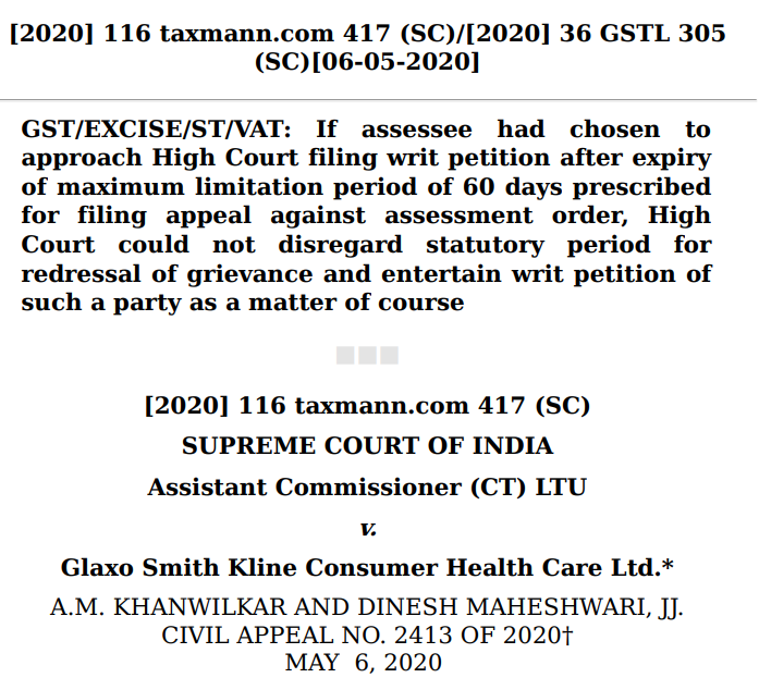 haldiaarpit's tweet photo. #CaseDigest-14-Assistant Commissioner (CT) LTU
v. Glaxo Smith Kline Consumer Health Care Ltd

Why Appeals have to be filed within the time limit prescribed in the Statute and Time Limit given in the Statute cannot be extended by the Courts..

https://t.co/W4yTb13QMq https://t.co/YUKzXVAIyA