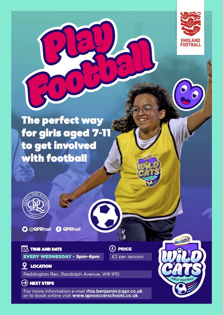 QPRtrust's tweet photo. 📣 𝗖𝗮𝗹𝗹𝗶𝗻𝗴 𝗮𝗹𝗹 𝗴𝗶𝗿𝗹𝘀 𝗮𝗴𝗲𝗱 𝟳-𝟭𝟭 

Our Weetabix Wildcats football sessions are great for young girls to have fun, meet new friends and play football! ⚽️

📩 Book your place by emailing rhia.benjamin@qpr.co.uk. 

#QPR | #WeetabixWildcats https://t.co/m7SPLrwC6F
