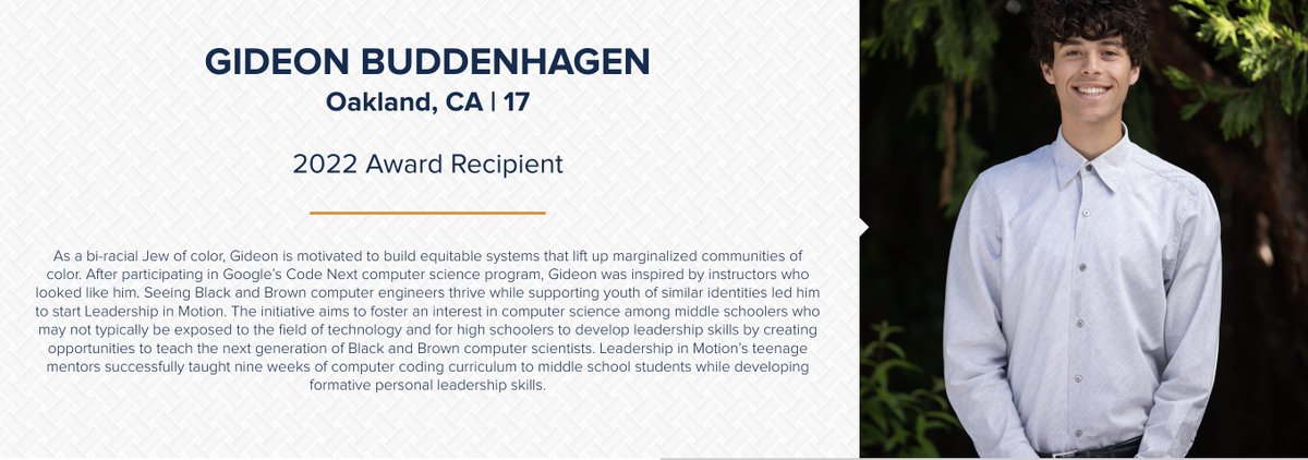 MJMadda's tweet photo. I'm absolutely thrilled to announce that my #codenext student and mentee, @giddybud, is a 2022 @DillerAwards Awardee. A bi-racial Jew of color, Gideon has adapted the Code Next program for middle school students. #ISTE2022, send him some love!
https://t.co/5aADDNZ3cP https://t.co/PnZD8ka6H3