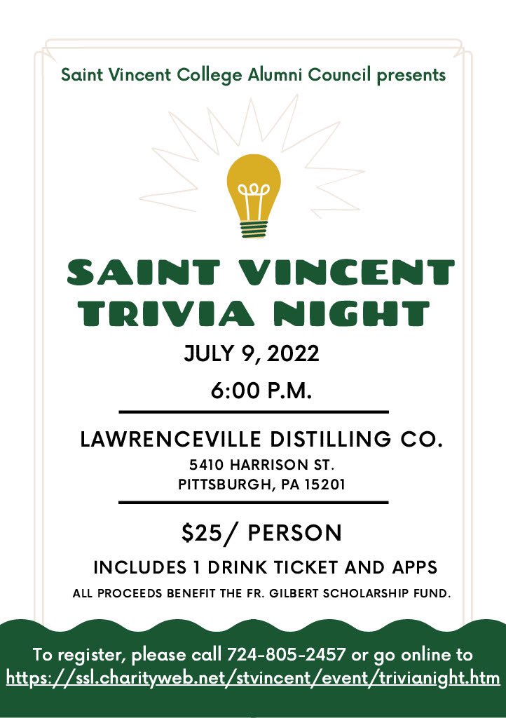 SVC_Alumni's tweet photo. Do you think you know all things SVC? Join us for Saint Vincent Trivia night at Lawrenceville Distilling Company and show off your Bearcat brain! https://t.co/5K9n628xNC