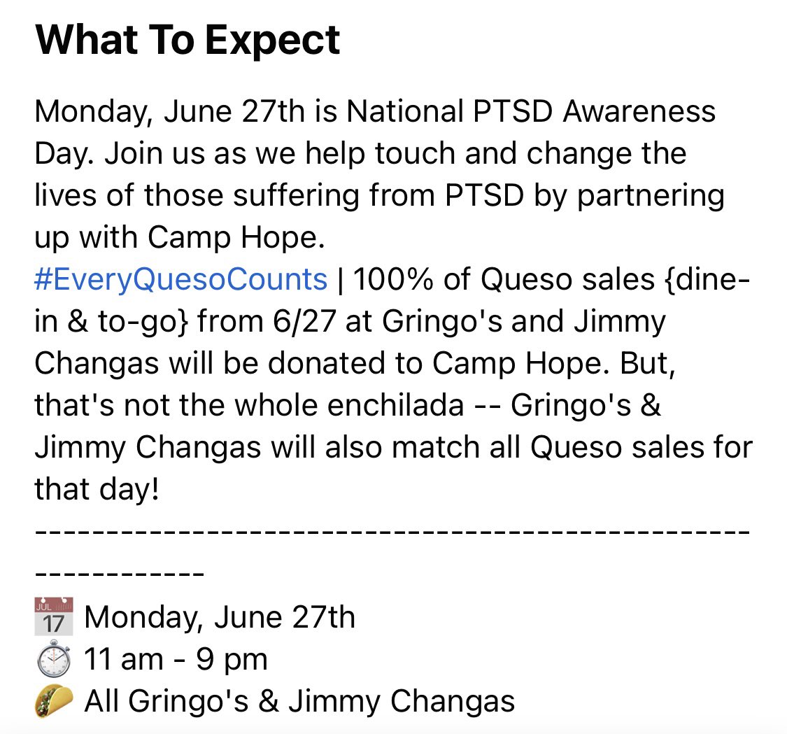 I’m going to get queso at Gringo’s The Woodlands to support PTSD Awareness Day. Which store are you going to? Not only is Gringo’s&amp; Jimmy Changa’s donating the sales of the queso to Camp Hope,they are matching it. Just another reason I love this amazing company.xo <a href="/russellybarra/">Russell Ybarra</a>
