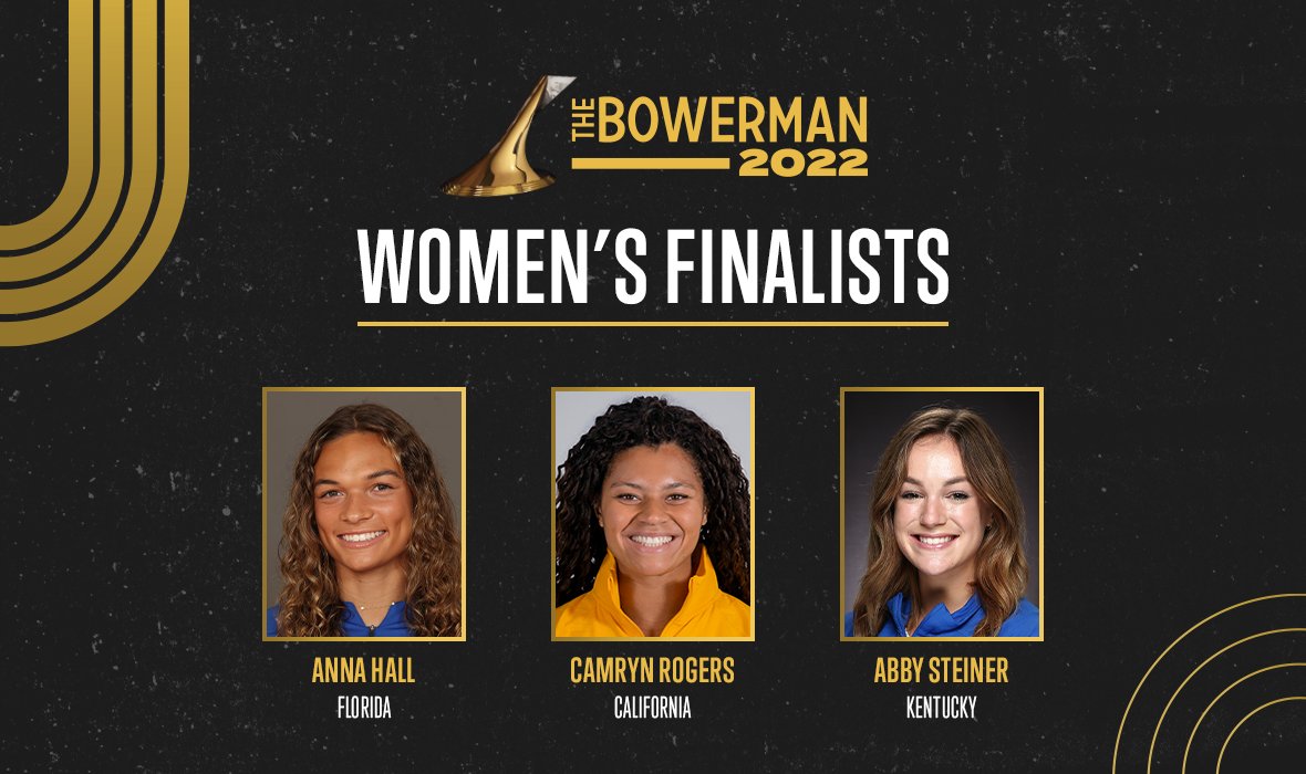 thebowerman's tweet photo. Here are the 𝐖𝐎𝐌𝐄𝐍'𝐒 𝐅𝐈𝐍𝐀𝐋𝐈𝐒𝐓𝐒 for The Bowerman in 2022! #TheBowerman 

Anna Hall, @GatorsTF 
Camryn Rogers, @CalTFXC 
Abby Steiner, @KentuckyTrack 

These three athletes left their mark on the collegiate track &amp; field year in a BIG way!

https://t.co/37StBeTiow https://t.co/8vLfKGOTn8