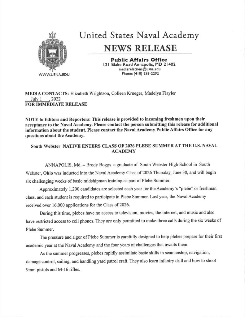 BVLocalSchools's tweet photo. Press release from the Naval Academy. Congratulations to Brody Boggs, Naval Academy Class of 2026. https://t.co/vxV1AuvACz